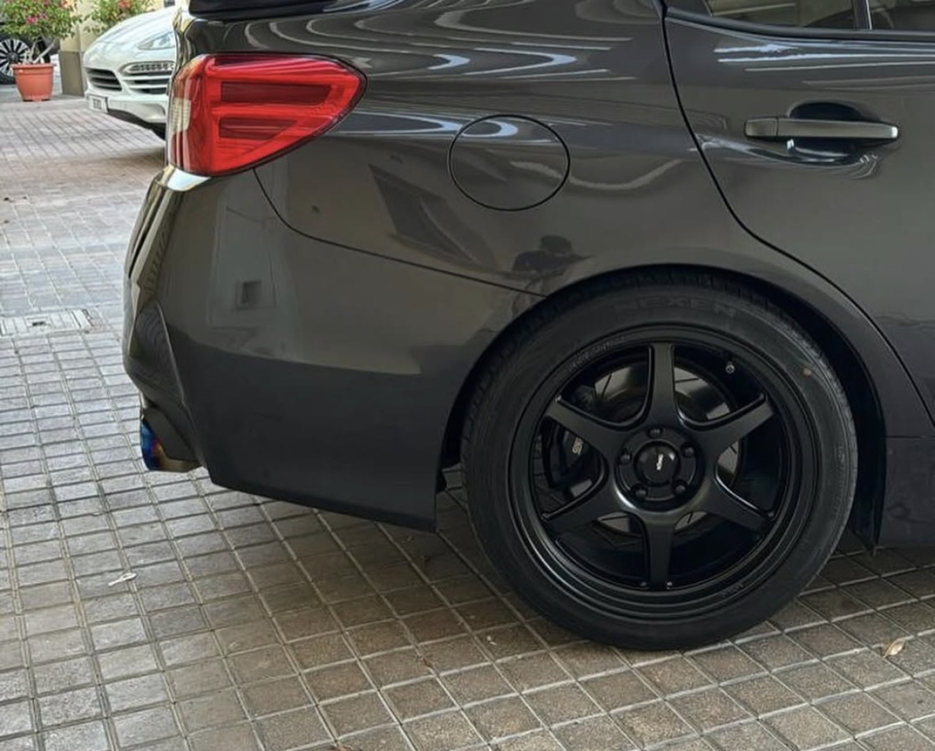 2016 SUBARU WRX STI fitted with Konig Hexaform Gloss White Wheel